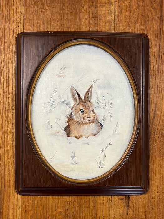 SMALL OVAL INSET FRAMED BUNNY OIL PAINTING SIGNED SHARRON