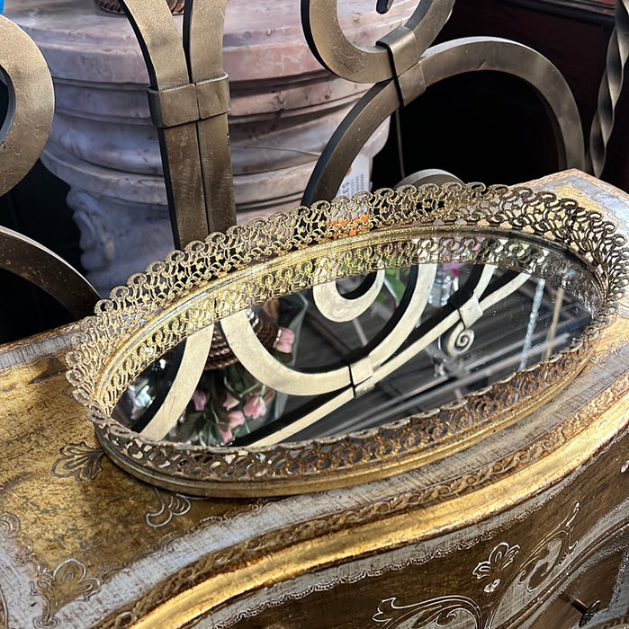 OVAL BRASS FILIGREE AND MIRROR VANITY TRAY