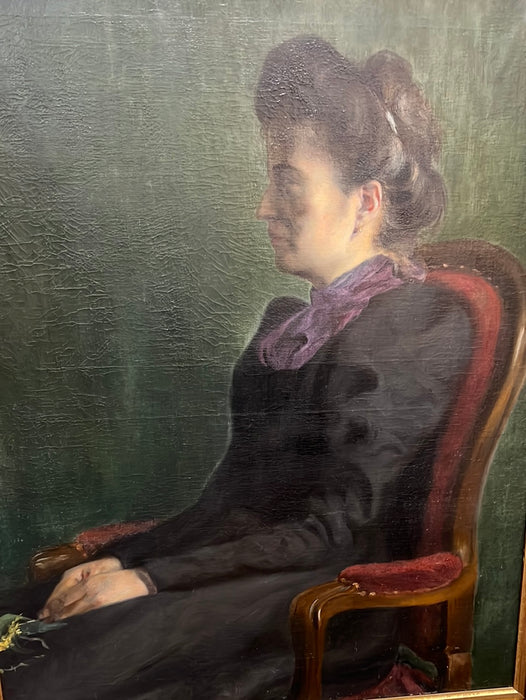 19TH C. PROFILE PORTRAIT OF LADY SEATED WITH GREEN BACKGROUND