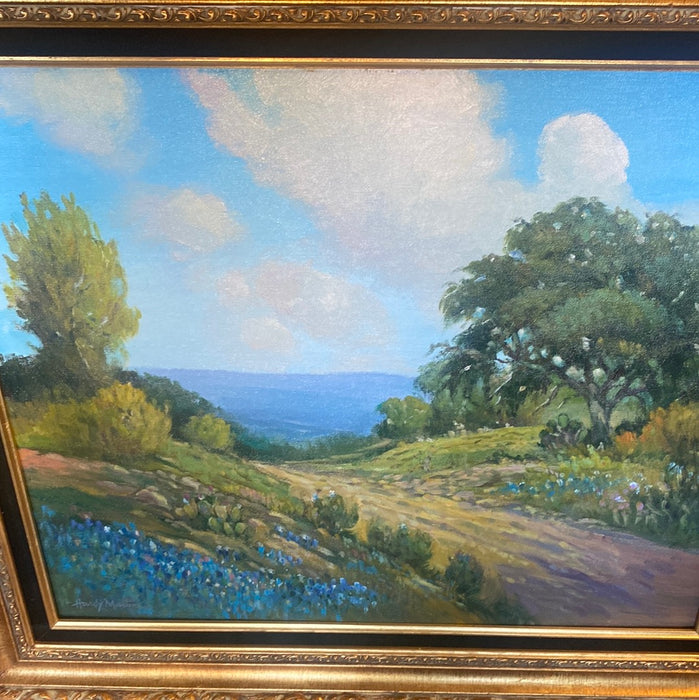 HARDY MARTIN LANDSCAPE WITH BLUEBONNETS AND CACTI NEAR A ROAD OIL PAINTING
