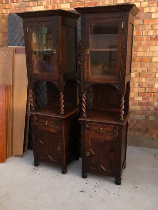 PAIR OF NARROW BARLEY TWIST OAK DISPLAY CABINETS