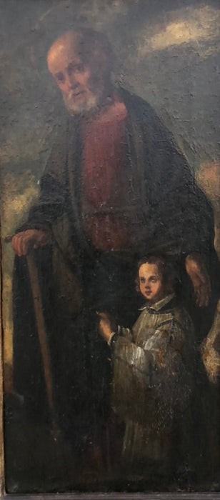 WOOD FRAMED VERTICAL OIL PAINTING ON BOARD 18TH CENTURY SAINT WITH BOY