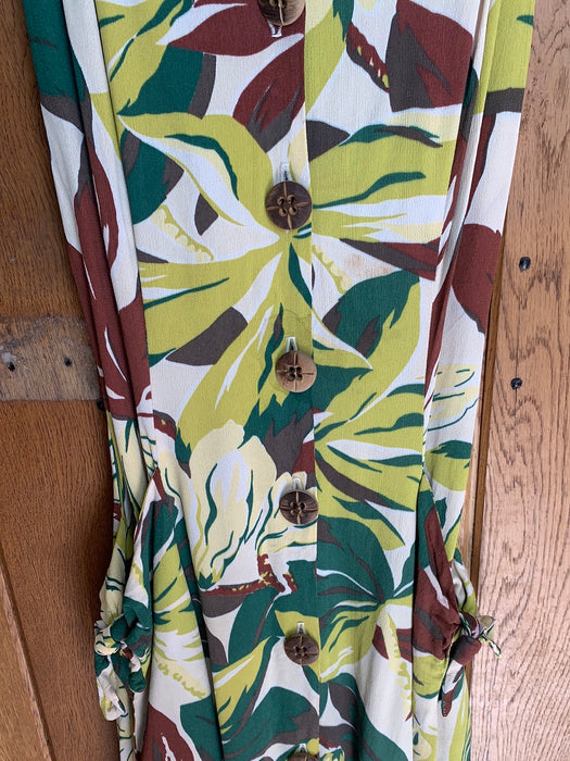 BROWN GREEN AND CREAM TROPICAL PRINT MIDI DRESS -AS IS, HOLE