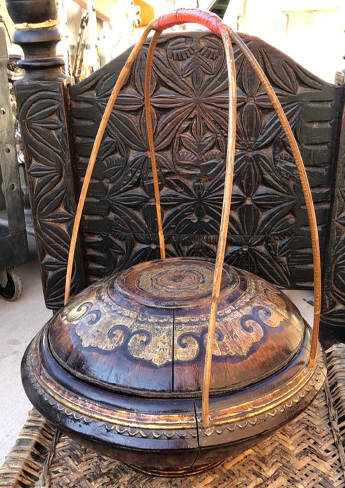 CHINESE WOOD BASKET WITH TALL HANDLES