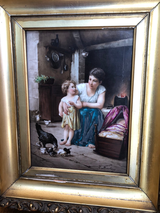 FRAMED SIGNED PAINTING ON PORCELAIN OF WOMAN AND GIRL