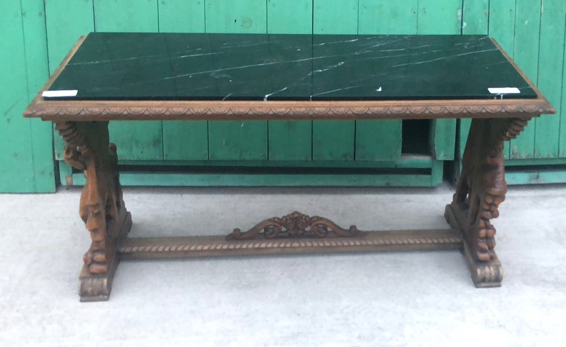 LARGE CARVED ANGEL TABLE WITH BLACK MARBLE TOP