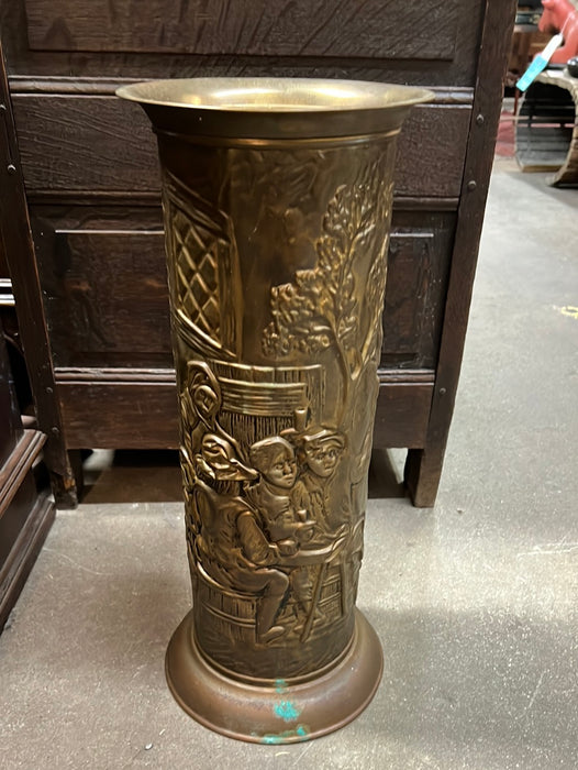 BRASS EMBOSSED UMBRELLA STAND WITH FIGURES