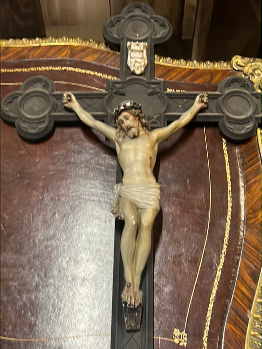 LARGE CARVED EBONIZED WOOD WALL CRUCIFIX WITH CHAULK CORPUS