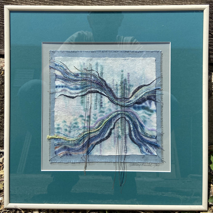 GREEN MATTE TEXTILE FRAMED ART SIGNED BERNIE ROWELL 1985