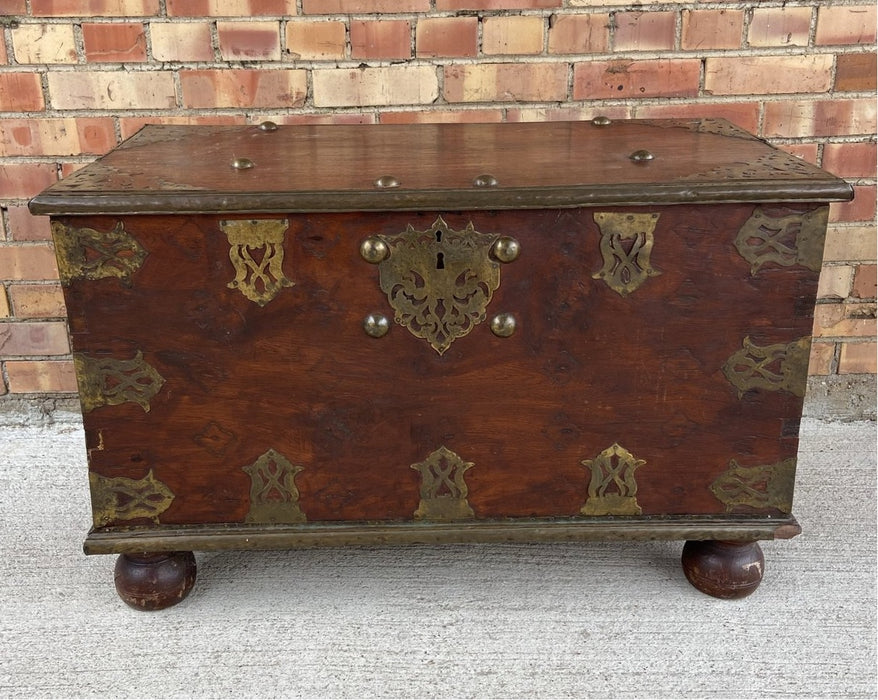 BRASS MOUNTED TEAK INDIAN COFFER - AS FOUND