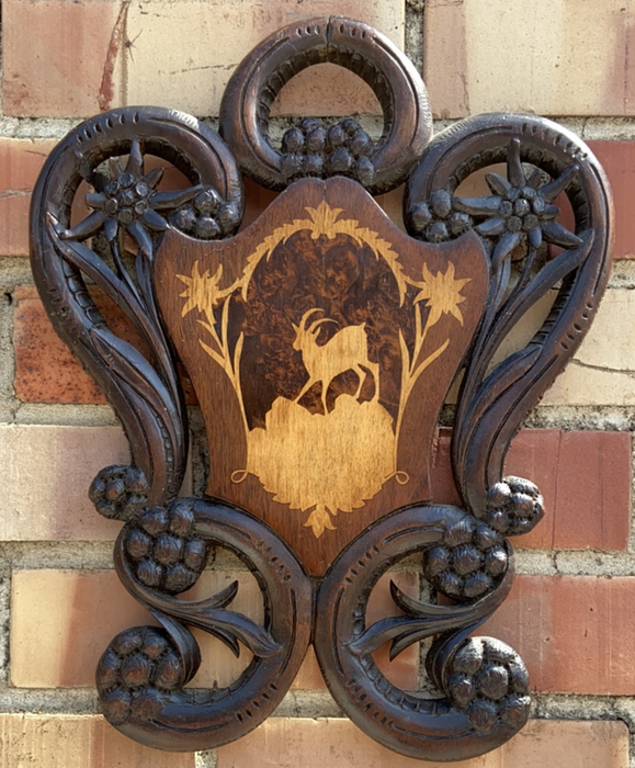 INLAID CARVED BLACK FOREST WOOD ANTELOPE PLAQUE