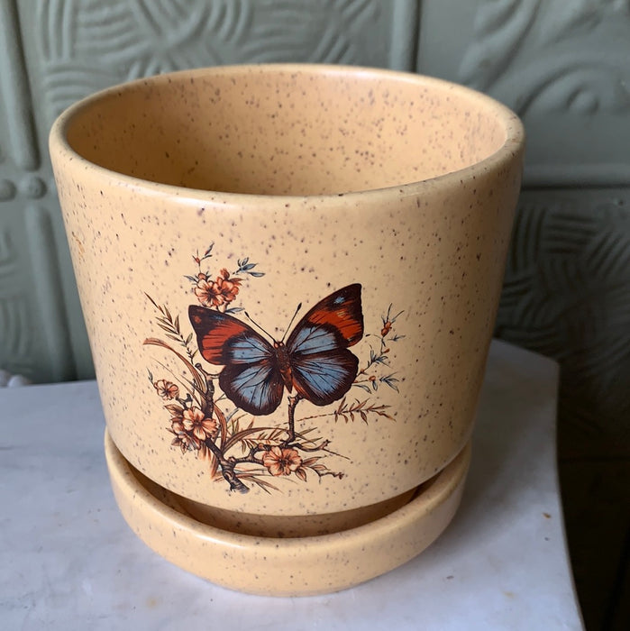 BUTTERFLY DESIGN YELLOW SPECKLED PLANTER WITH SAUCER