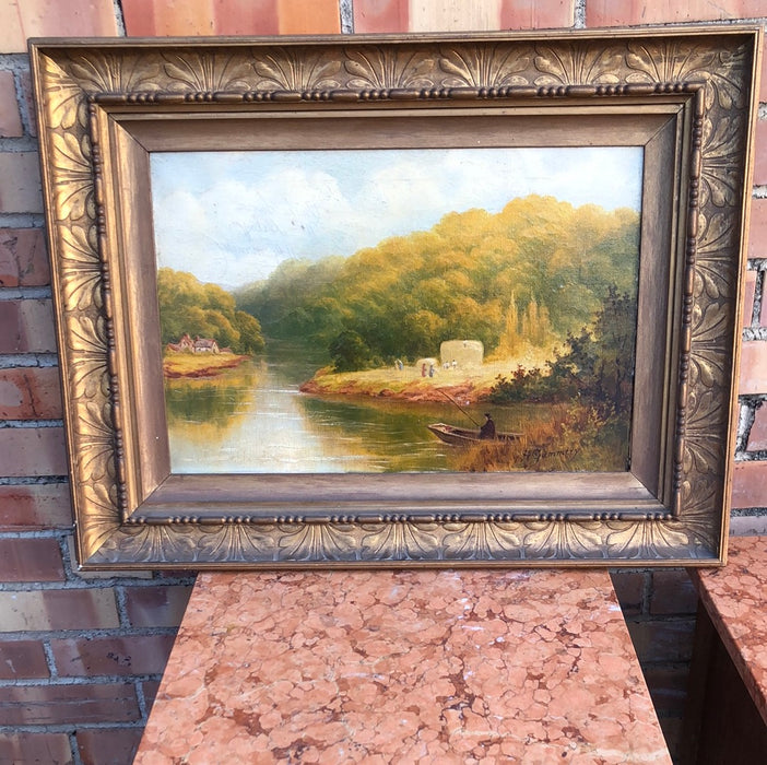 ENGLISH LANDSCAPE OIL PAINTING SIGNED HENRY GUMMERY"ON THE SEVERN NEAR ARLEY"