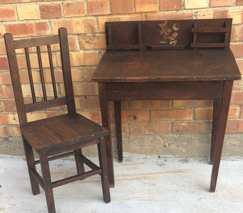 PRIMITIVE WOOD CHILD'S DESK AND CHAIR SET