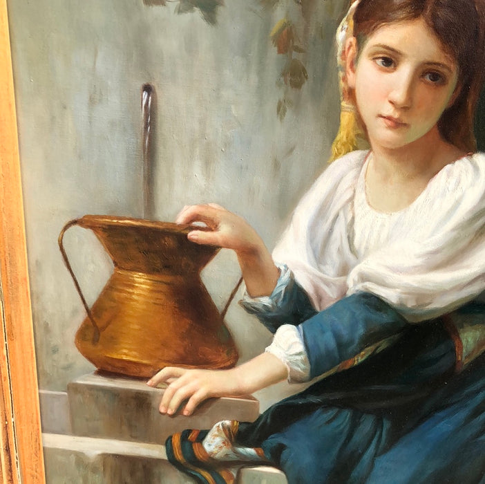 FRAMED OIL PAINTING OF A GIRL WITH A POT