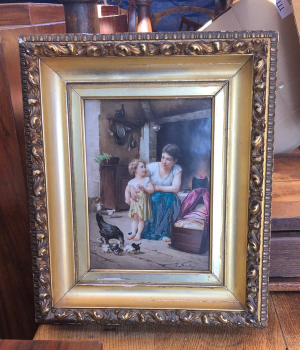 FRAMED SIGNED PAINTING ON PORCELAIN OF WOMAN AND GIRL