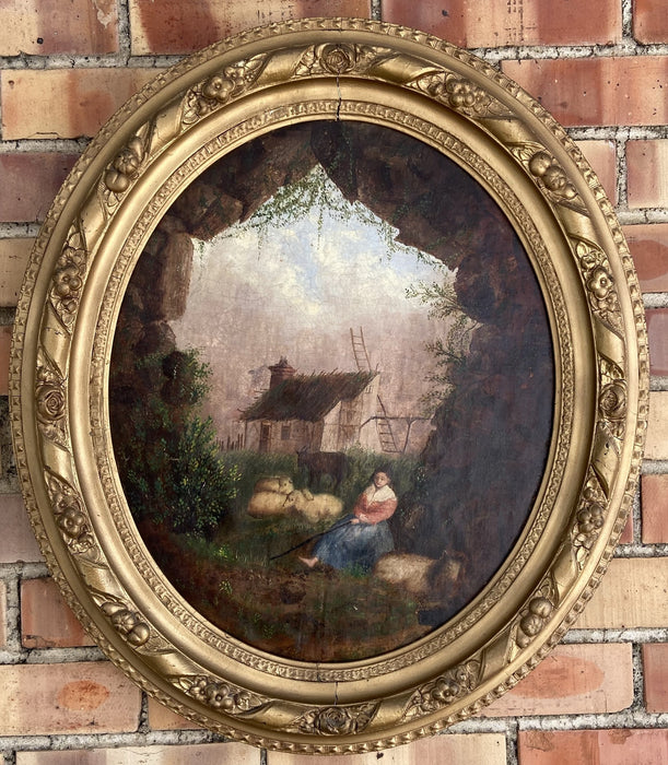 FRAMED OVAL OIL PAINTING OF WOMAN AND SHEEP