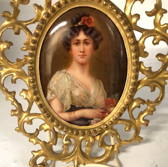 ROCOCCO GILT FRAME WITH OVAL PORCELAIN LADY PLAQUE AS FOUND