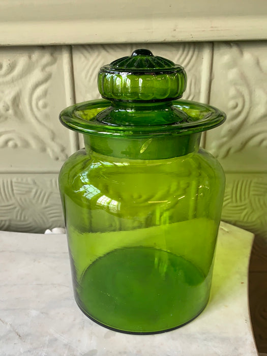 GREEN GLASS LIDDED CANISTER