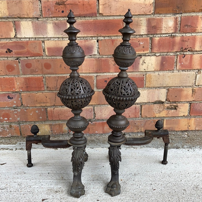 PAIR OF BRASS ANDIRONS WITH SPHERES MISSING LEFT LEG AT BACK