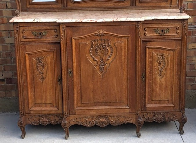 MARBLE TOP CARVED LOUIS XV LEADED AND BEVELED GLASS ROCOCO OAK BUFFET