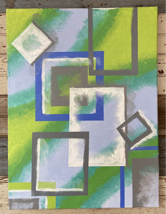 GREEN, BLUE, AND WHITE UNFRAMED GEOMETRICAL MODERN PAINTING