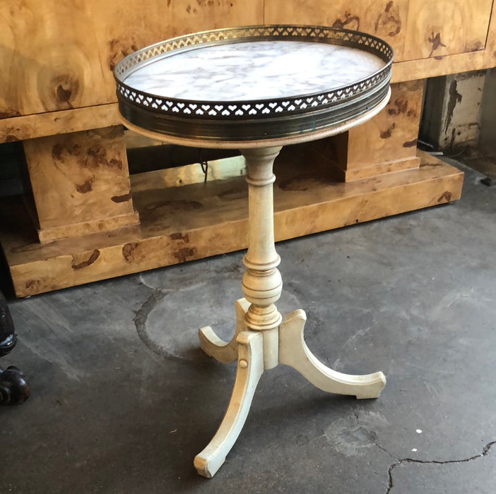 TRIPOD BASE TABORET WITH MARBLE TOP AND BRASS GALLERY