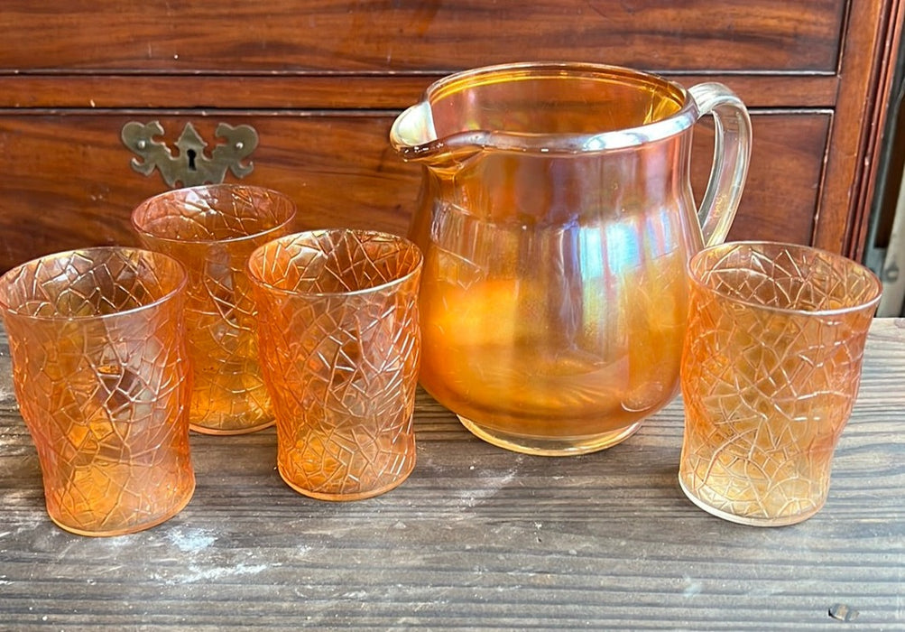 IRIDESCENT ORANGE PITCHER SET WITH 4 GLASSES