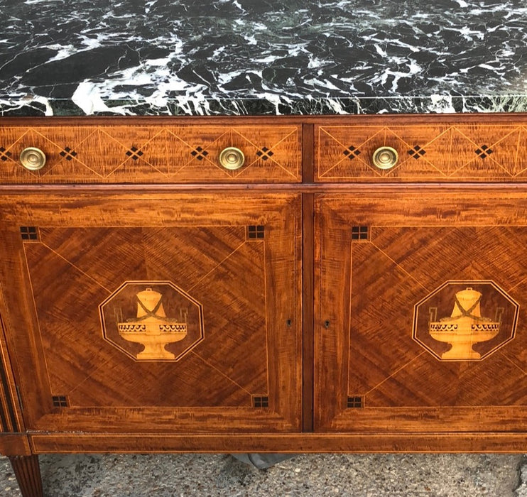 LOUIS XVI DARK GREEN MARBLE TOP SIDEBOARD WITH INLAID URNS AND KEYS