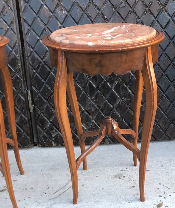 PAIR OF LOUIS XV MAHOGANY MARBLE TOP OCCASSIONAL TABLES - AS FOUND