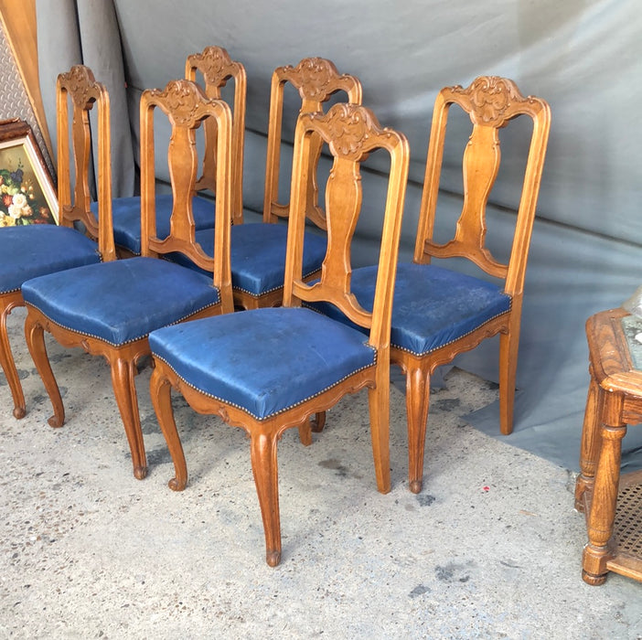 SET OF 6 OAK LOUIS XV CHAIRS WITH  BLUE LEATHER SEAT S