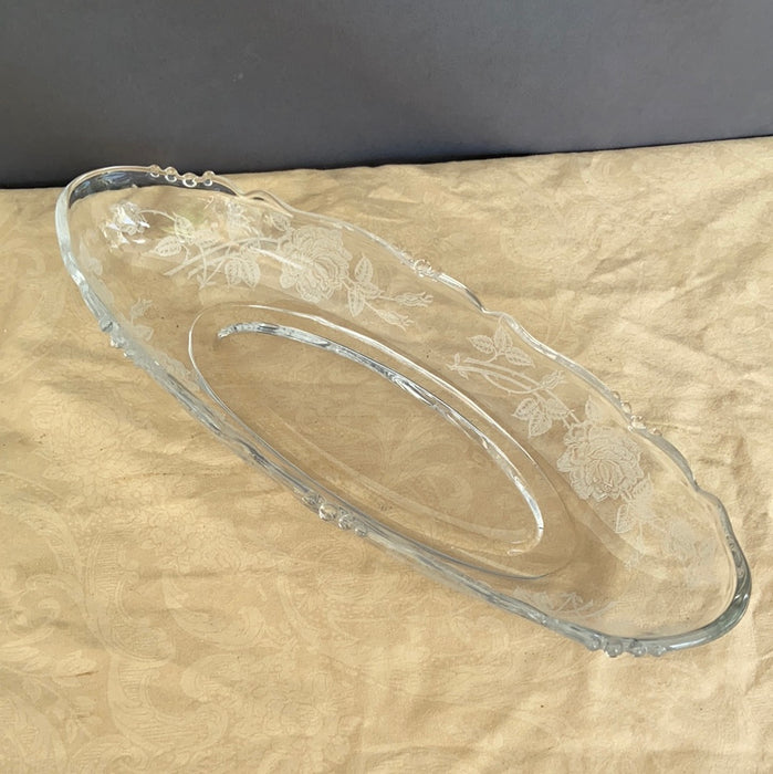 NARROW OBLONG ETCHED ROSES GLASS DISH