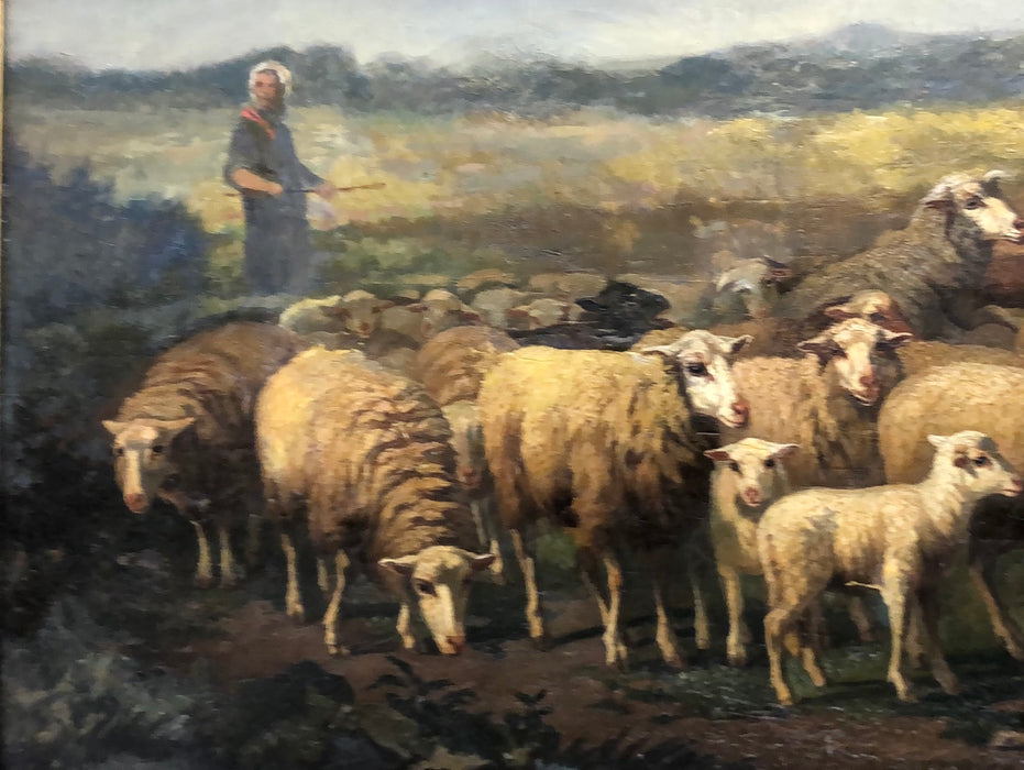 LARGE ORNATE GOLD FRAMED LANDSCAPE OIL PAINTING ON CANVAS WITH SHEEP AND SHEPHERD