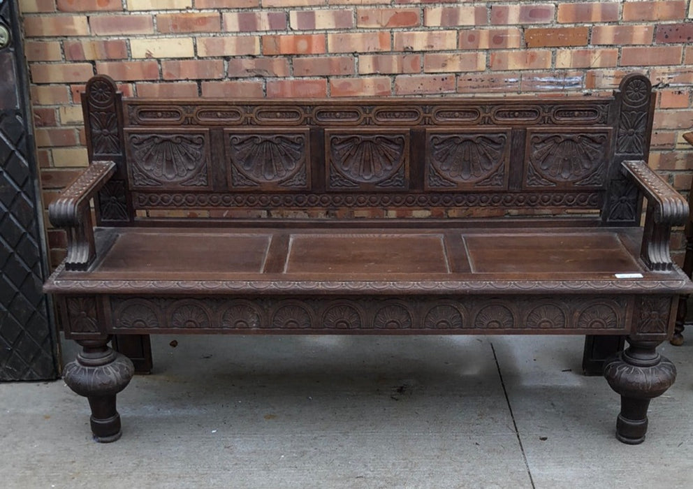HEAVY FRENCH LUNETTE CARVED OAK HALL BENCH