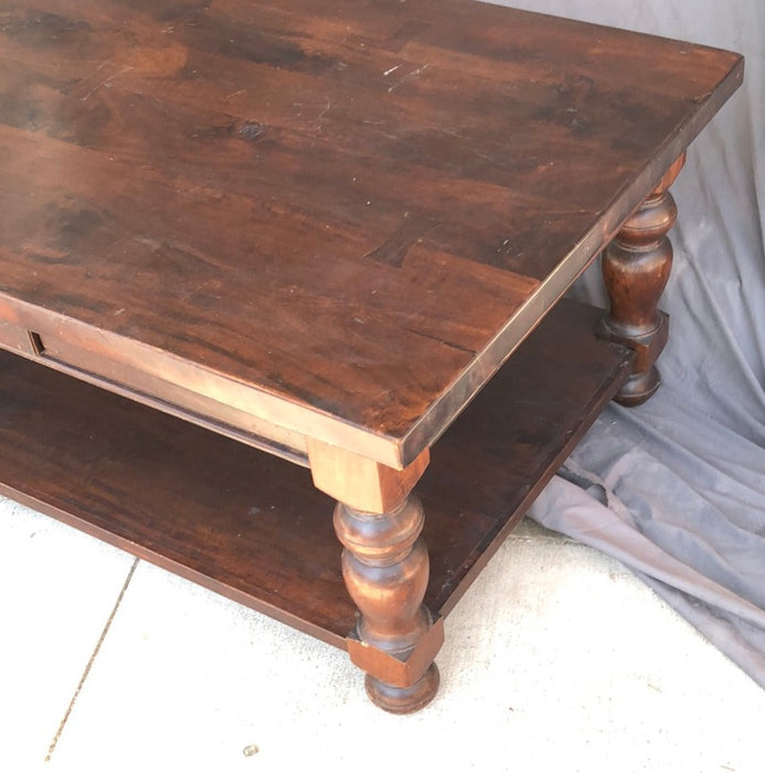 DARK MAHOGANY THICK TOP COFFEE TABLE WITH DRAWER
