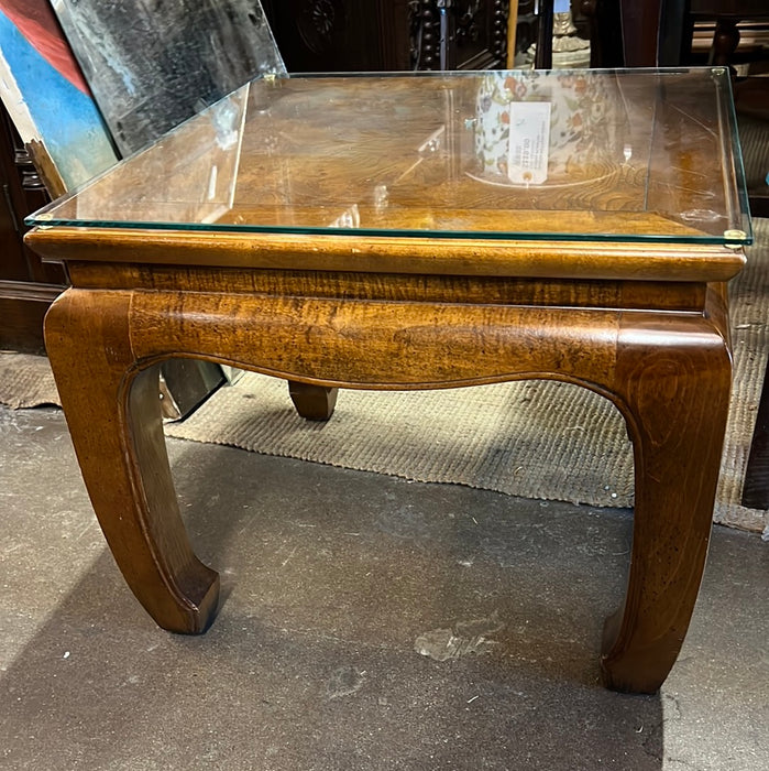 PAIR OF GLASS TOP CENTURY BURL SIDE TABLE WITH MING LEGS