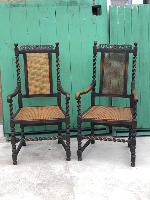 PAIR OF BARLEY TWIST CARVED ARM CHAIRS