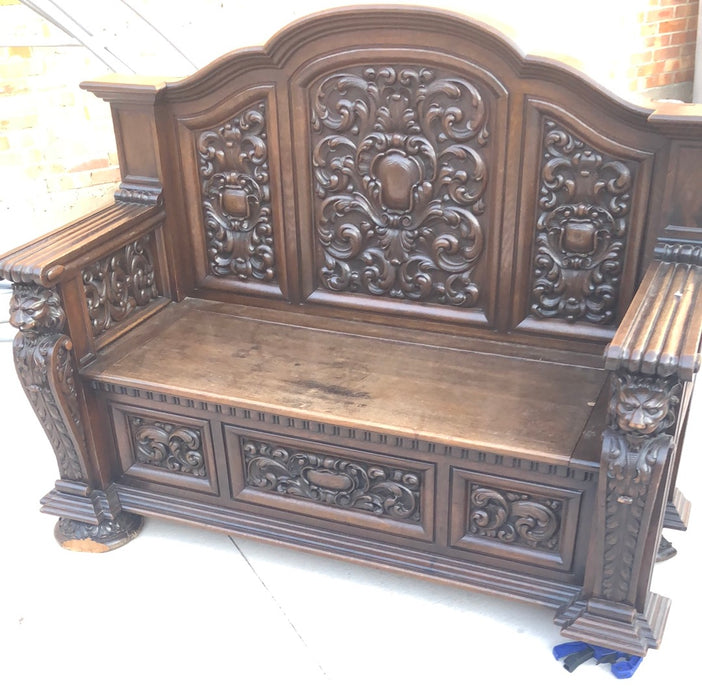 RESTORED HALL BENCH WITH CARVED ARCHED BACK