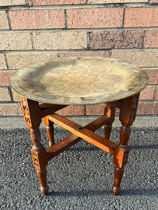 BRASS TRAY TOP TABORET WITH FOLDING BASE