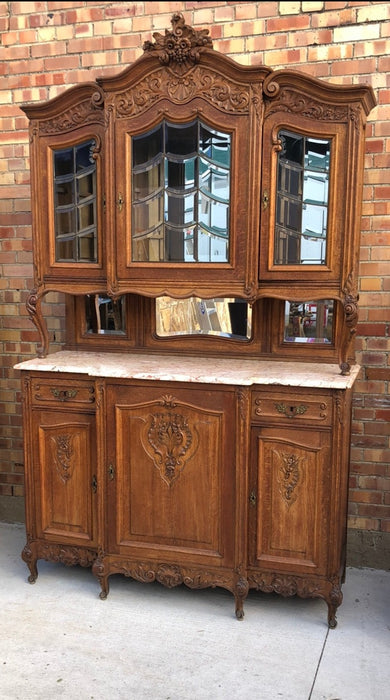 MARBLE TOP CARVED LOUIS XV LEADED AND BEVELED GLASS ROCOCO OAK BUFFET