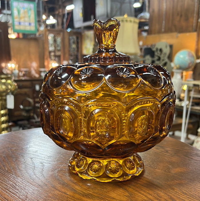 AMBER COVERED COMPOTE PRESSED GLASS