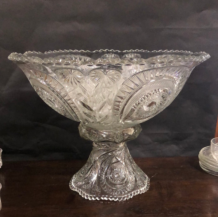 LARGE PRESS GLASS PUNCH BOWL ON STAND WITH 12 CUPS