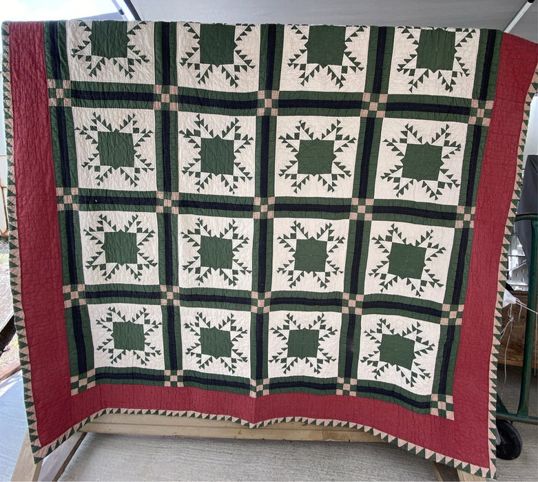 RED AND GREEN HAND STITCHED SOUTHWESTERN STYLE QUILT