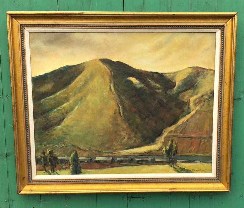 CALIFORNIA MOUNTAIN LANDSCAPE OIL PAINTING WITH A TRAIN SIGNED EVELYN HERMAN