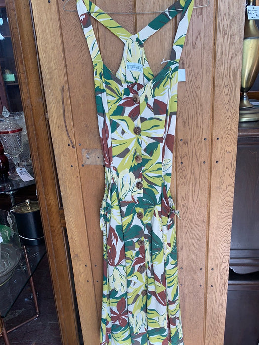 BROWN GREEN AND CREAM TROPICAL PRINT MIDI DRESS -AS IS, HOLE
