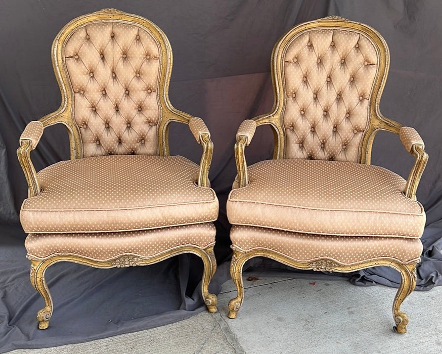PAIR OF FRENCH FAUTEUIL CHAIRS WITH GOLD FABRIC