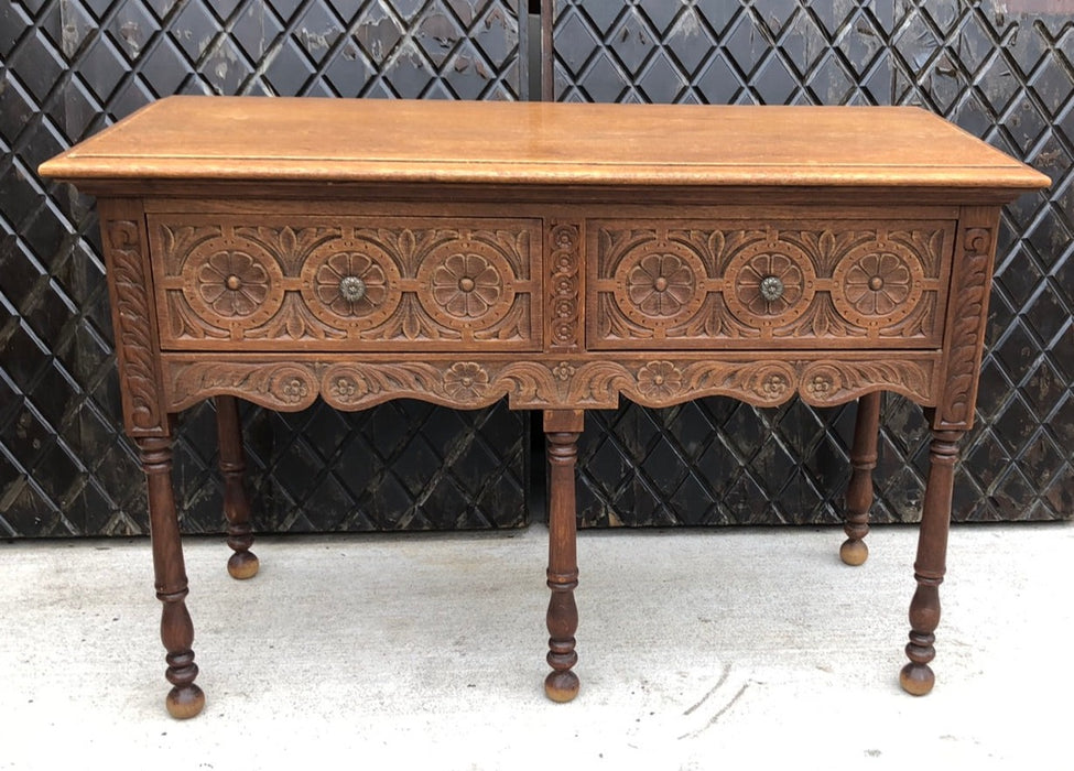 2 DRAWER OAK FLORETTES CARVED CONSOLE TABLE