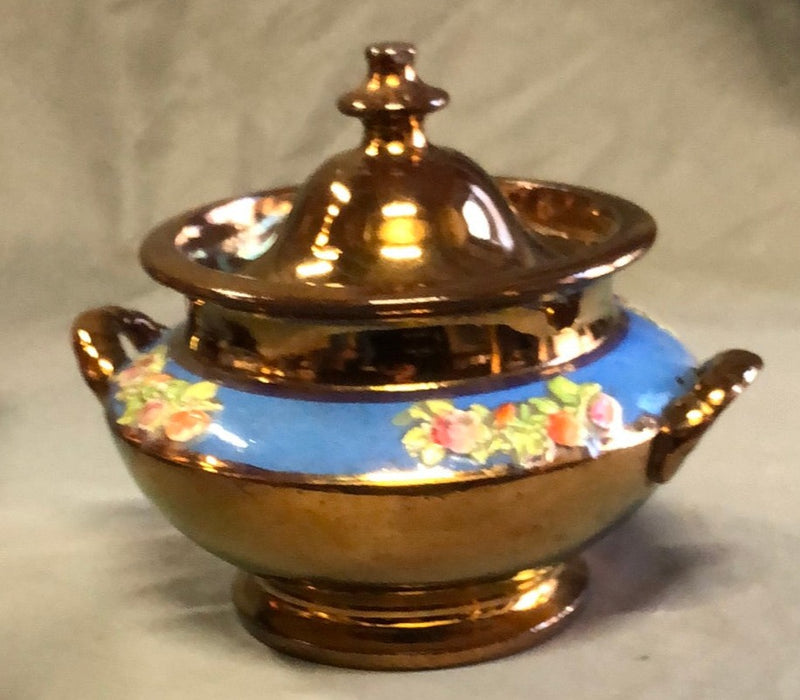 COPPER LUSTER SUGAR BOWL WITH FLOWERS AS FOUND