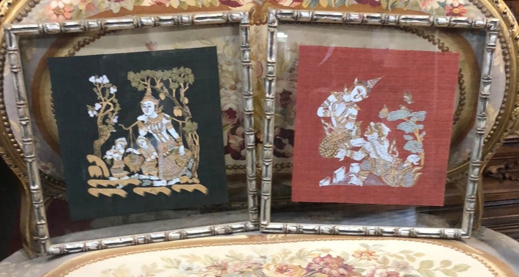 PAIR OF FRAMED THAI DANCERS PAINTED ON CLOTH