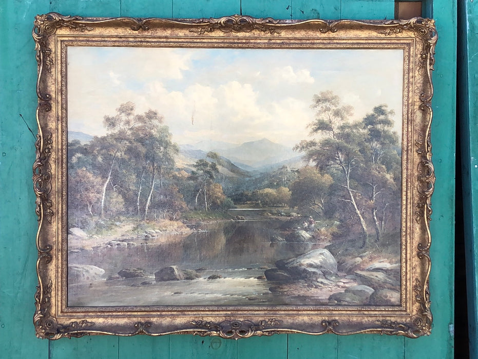 ORNATE FRAMED LANDSCAPE OIL PAINTING OF RIVER AND MOUNTAINS WITH COUPLE FISHING